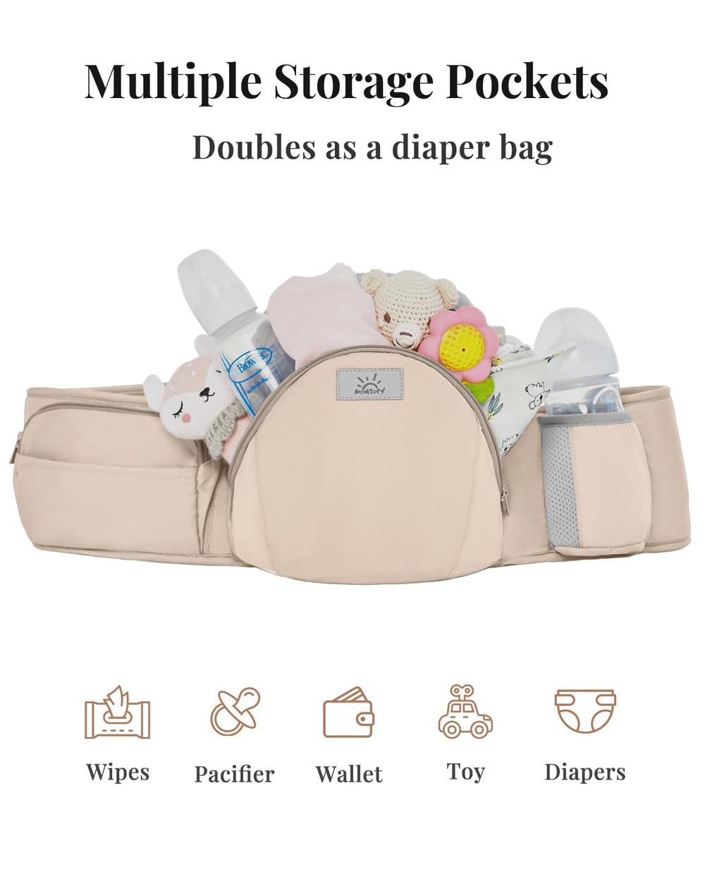 MOMTORY StowNGO Pro carrier in-facing mode provides snug newborn comfort.