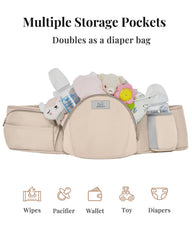 MOMTORY StowNGO Pro carrier in-facing mode provides snug newborn comfort.