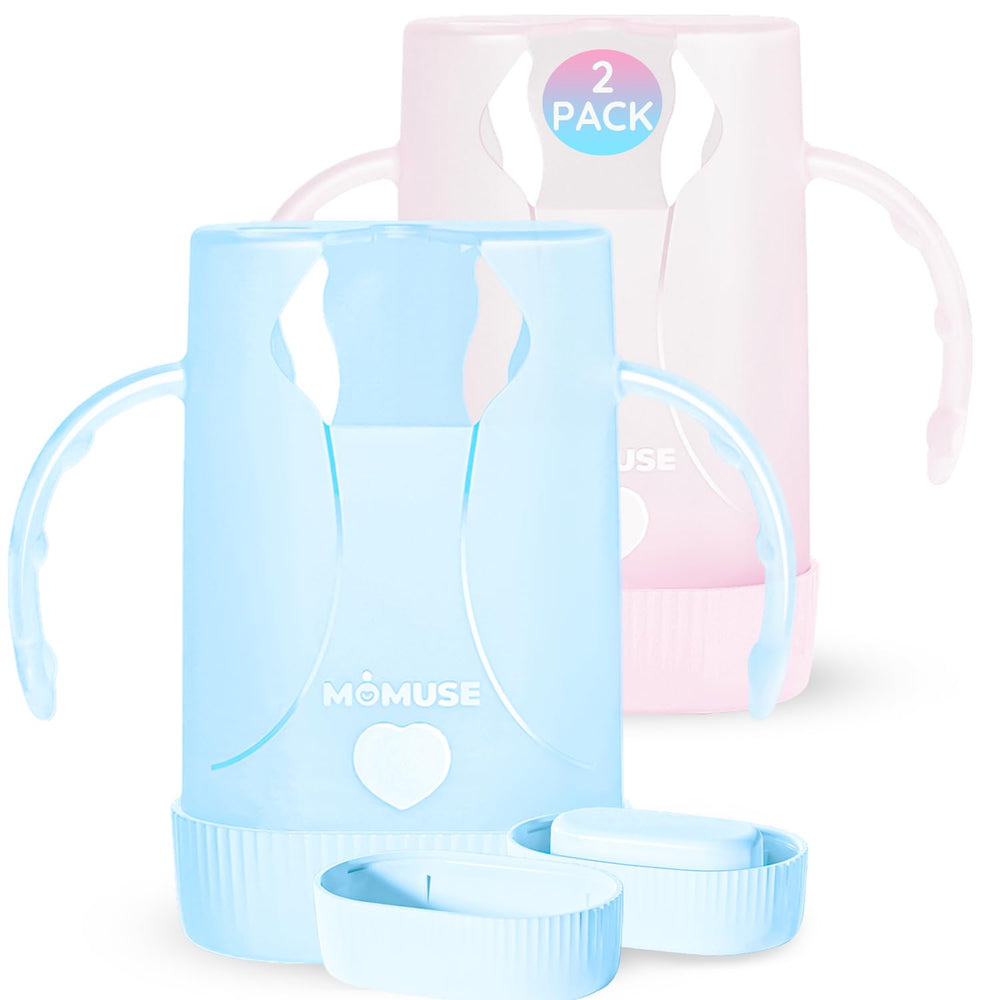 MOMUSE Dual-Lid Squeeze Pouch Holder front view shows mess-free self-feeding on the go.