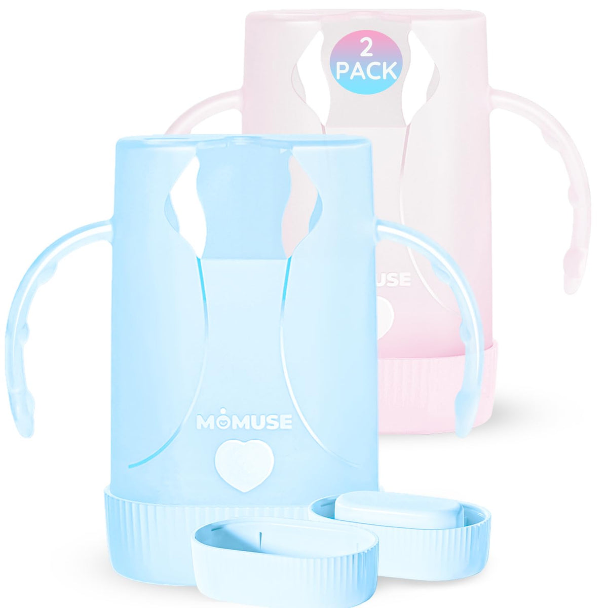 MOMUSE Dual-Lid Squeeze Pouch Holder front view shows mess-free self-feeding on the go.