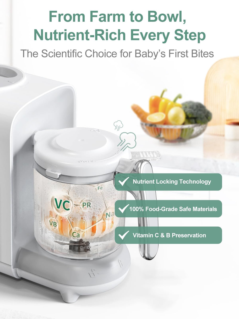 Momyeasy baby food maker auto blender for quick smooth purees.