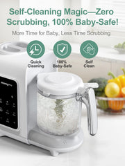 Momyeasy puree blender creates silky textures for baby-friendly meals.