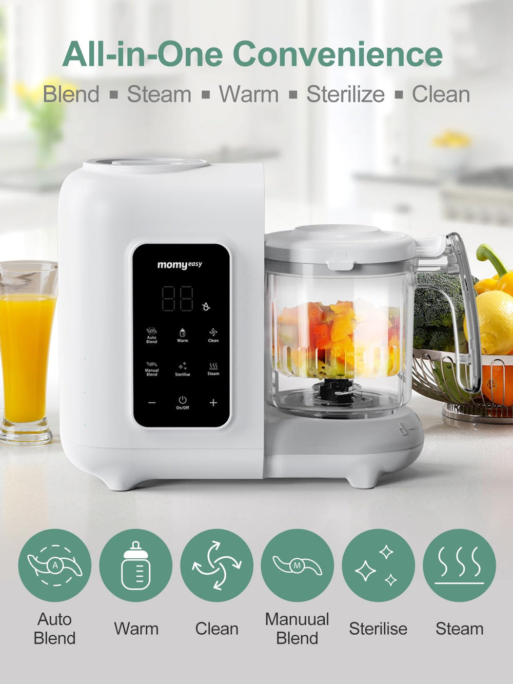 Momyeasy self-clean system simplifies cleanup after meal prep.