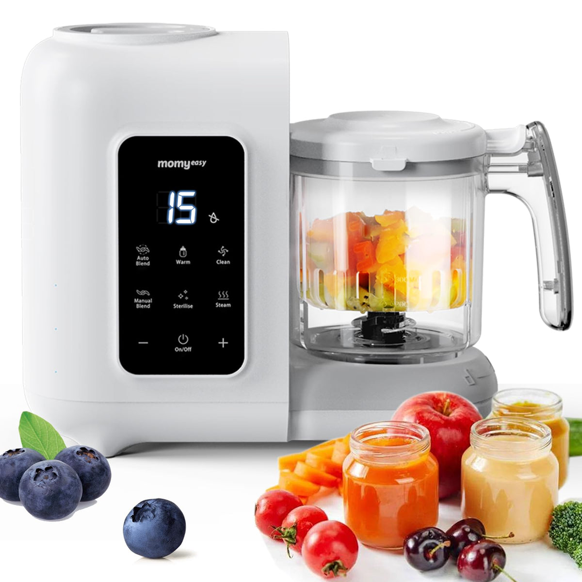 Momyeasy baby food maker steaming and cooking fresh ingredients for nutritious meals.