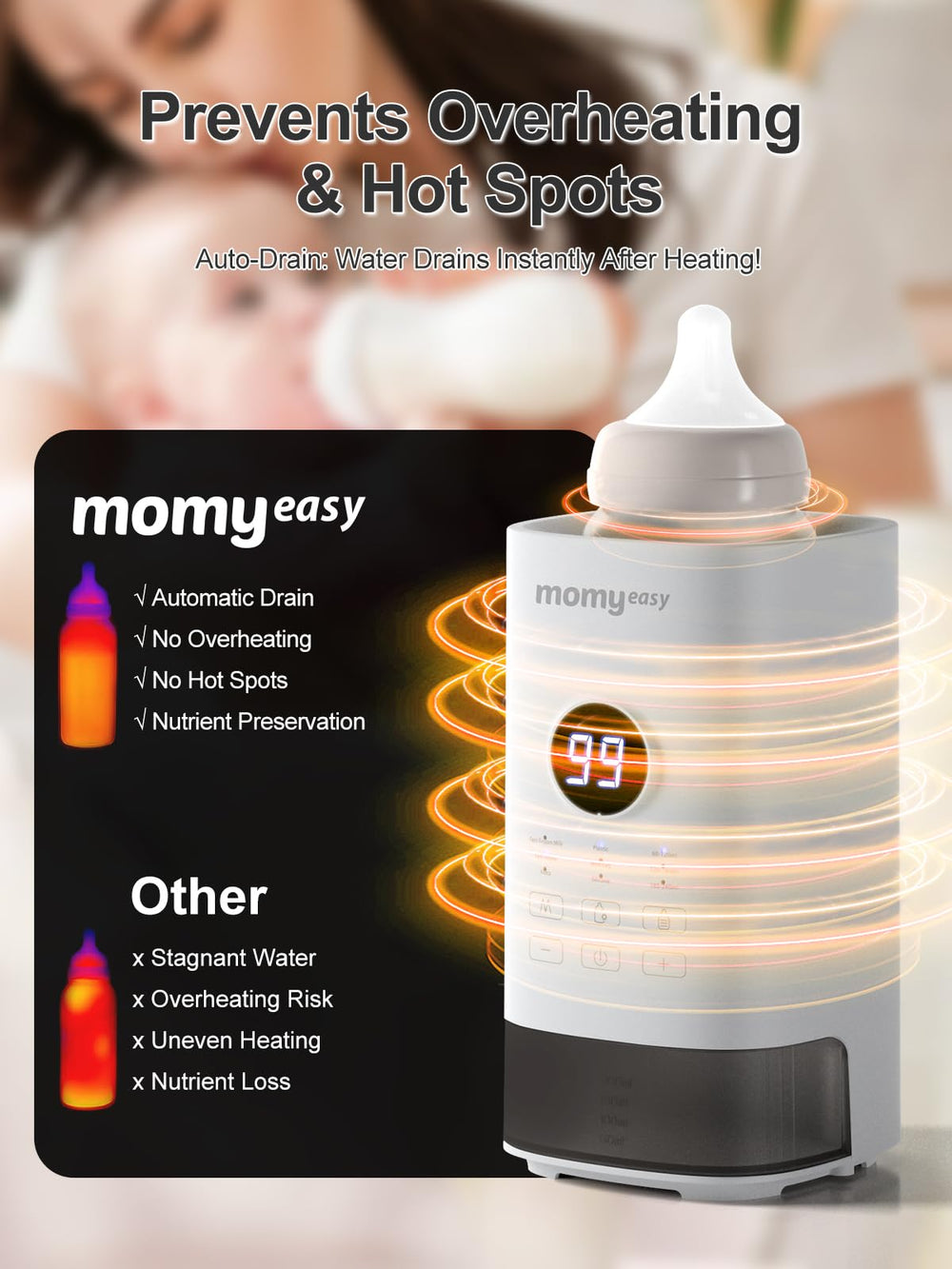 MOMYEASY Bottle Warmer auto shutoff demonstrates safe, hands-free operation.