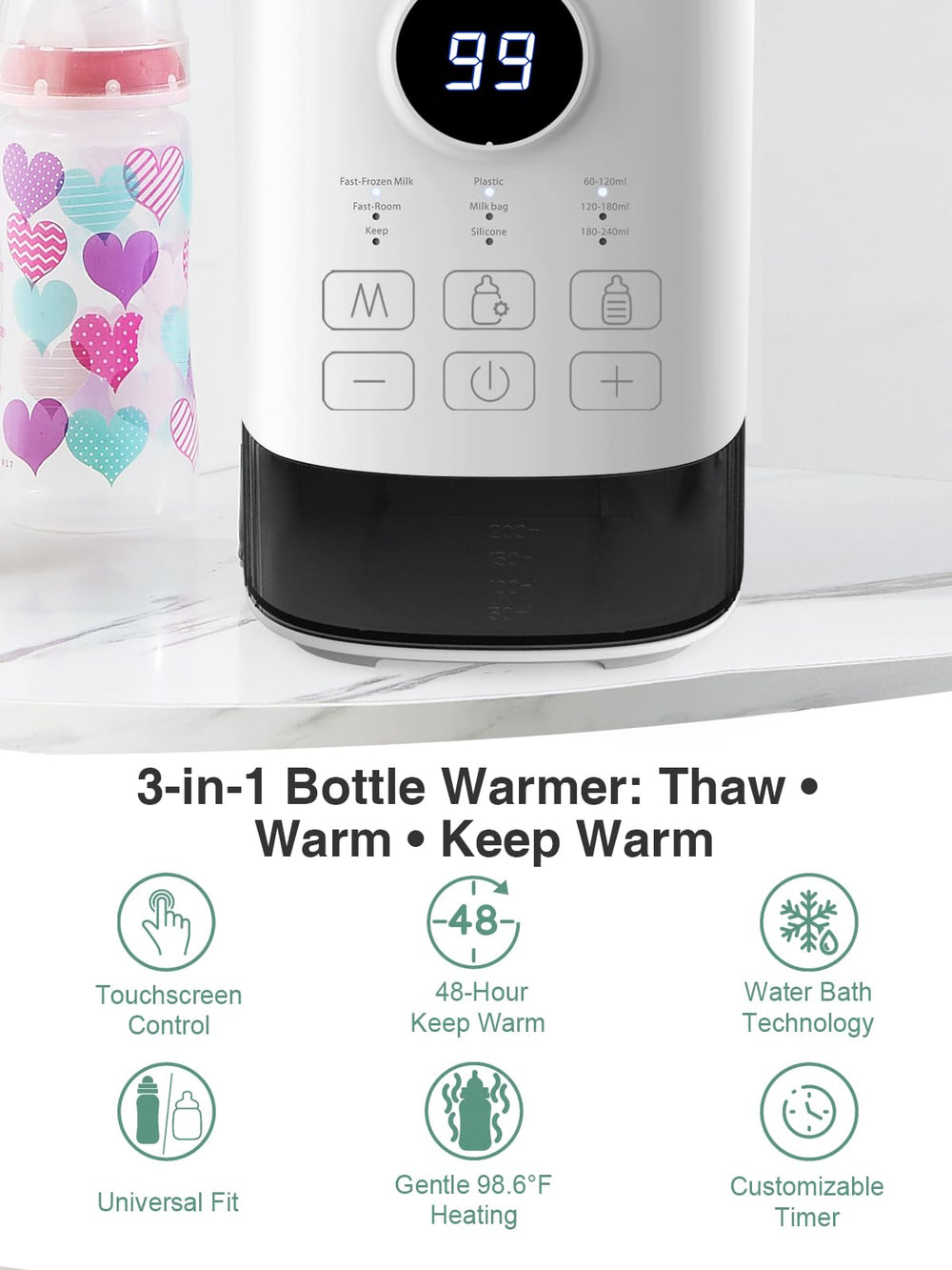MOMYEASY Bottle Warmer compatible with breast milk bags and standard bottles.