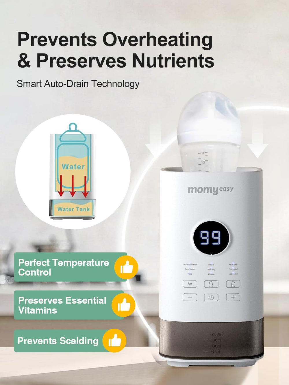 MOMYEASY Bottle Warmer digital display highlights precise temperature control.
