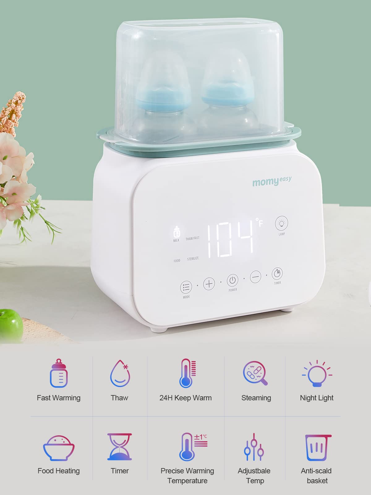 Momyeasy bottle warmer LCD display shows precise temperature during warming.