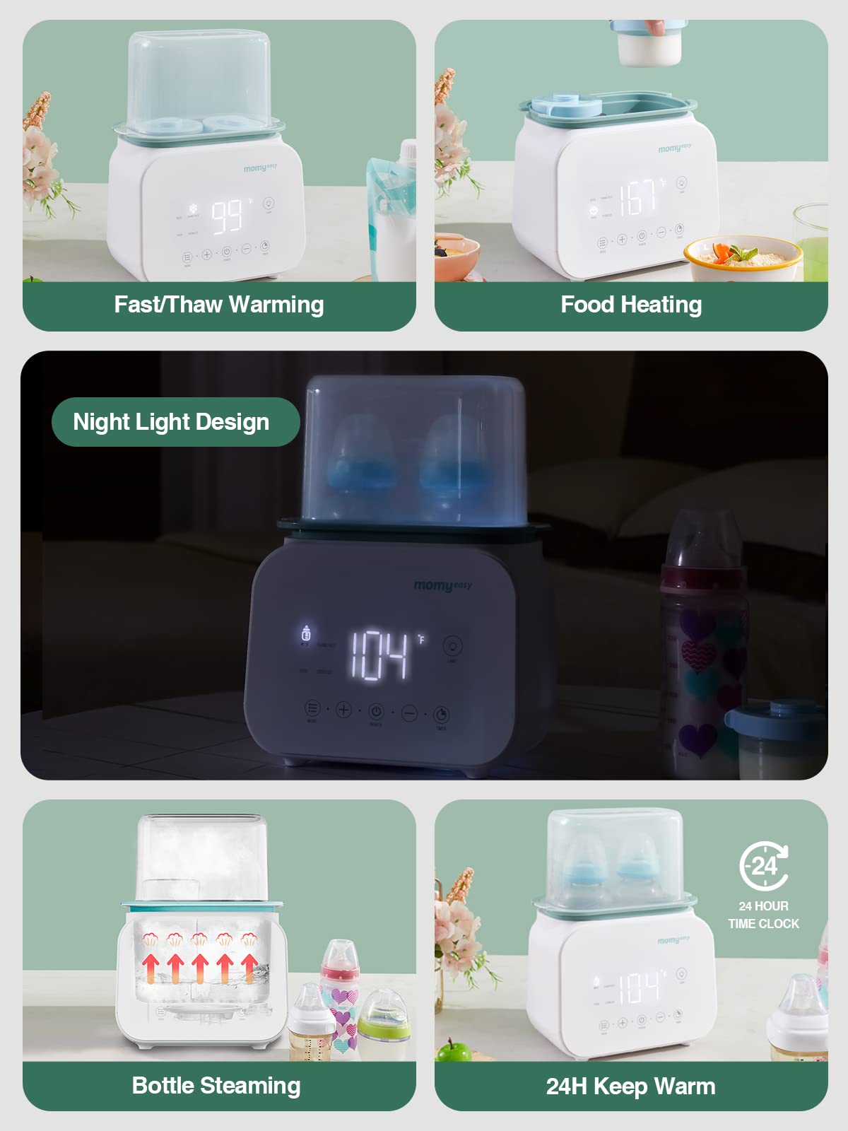 Momyeasy bottle warmer two-bottle chamber enables simultaneous warming.