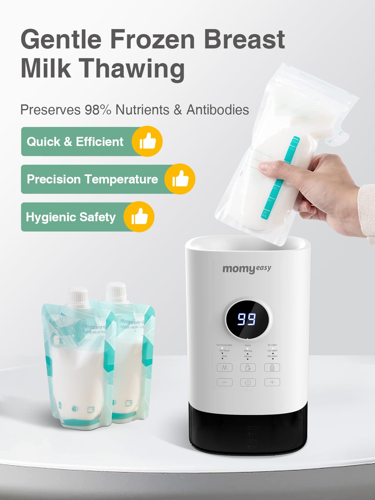 MOMYEASY Bottle Warmer universal-fit design supports bottles and breast milk bags.