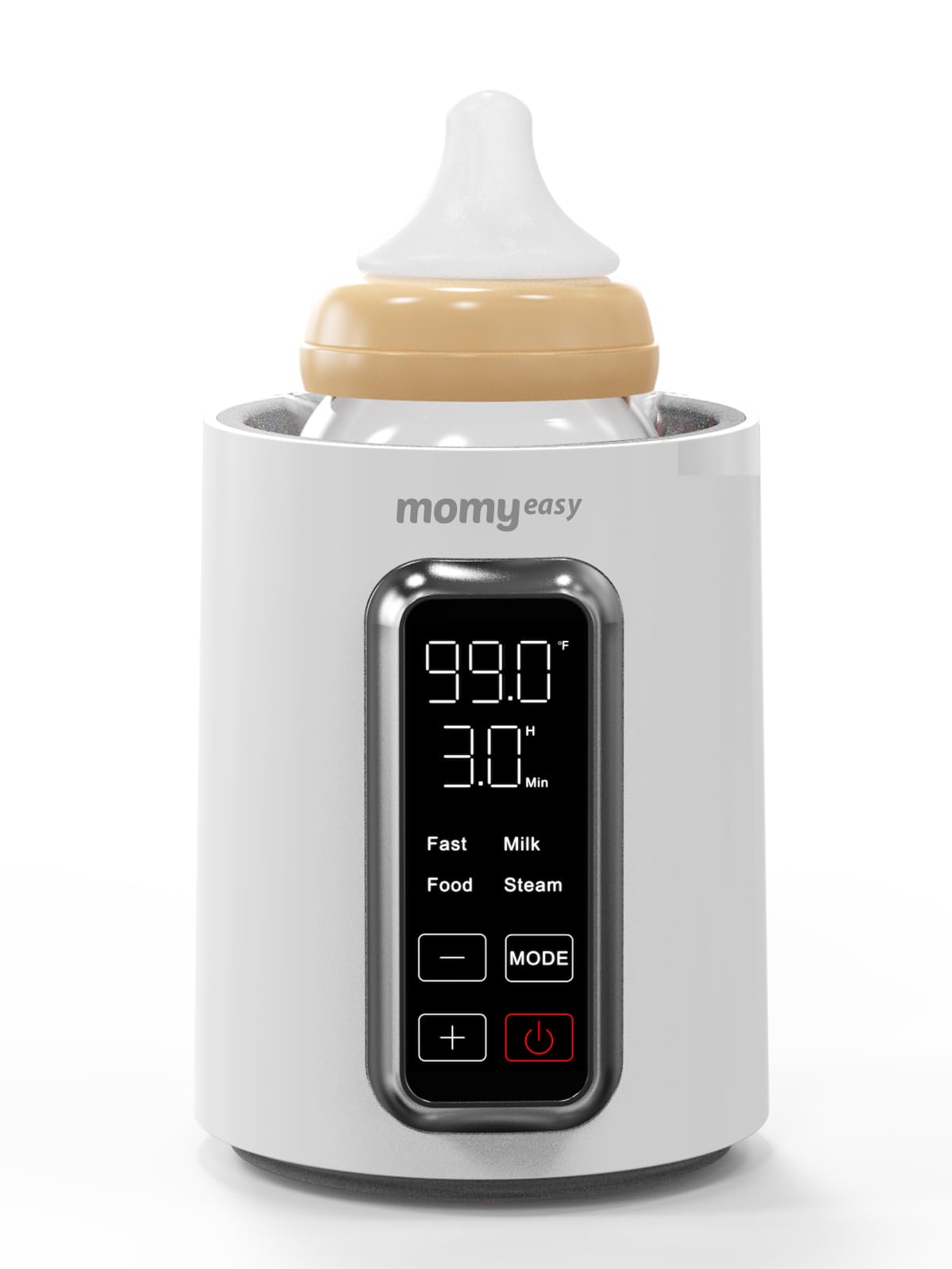 Momyeasy bottle warmer on its base delivering quick 2-minute heat for breastmilk and formula.