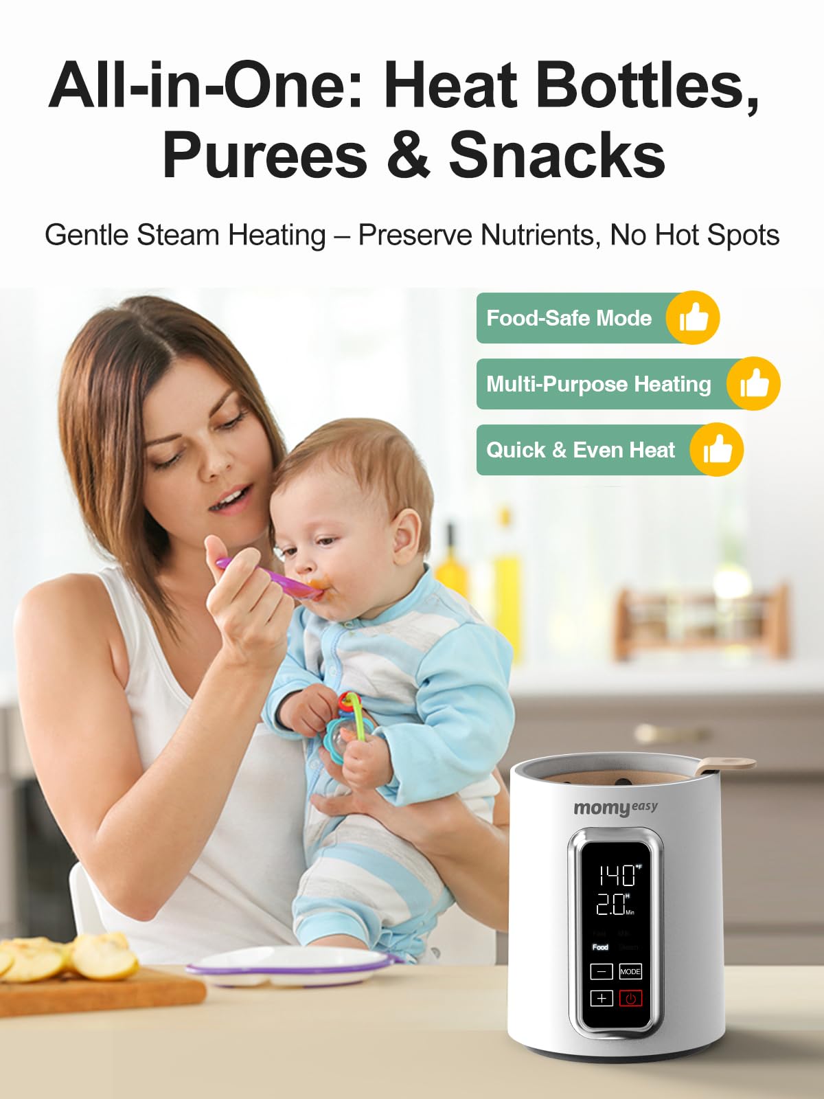Momyeasy gentle steam heating ensures even warming without hotspots.