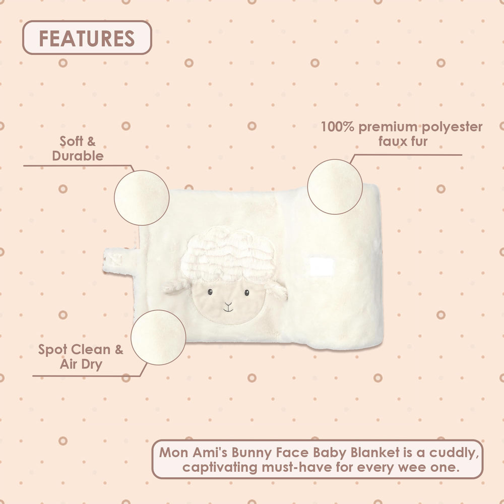 MON AMI Lamb Face 29x39 inch blanket ideal for swaddling and stroller use.