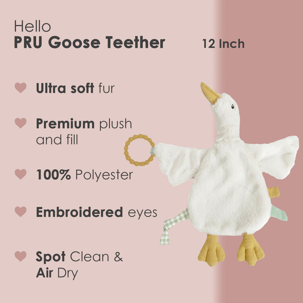 Close-up of silicone teether on MON AMI PRU Goose Teether Lovie for gentle gum massage