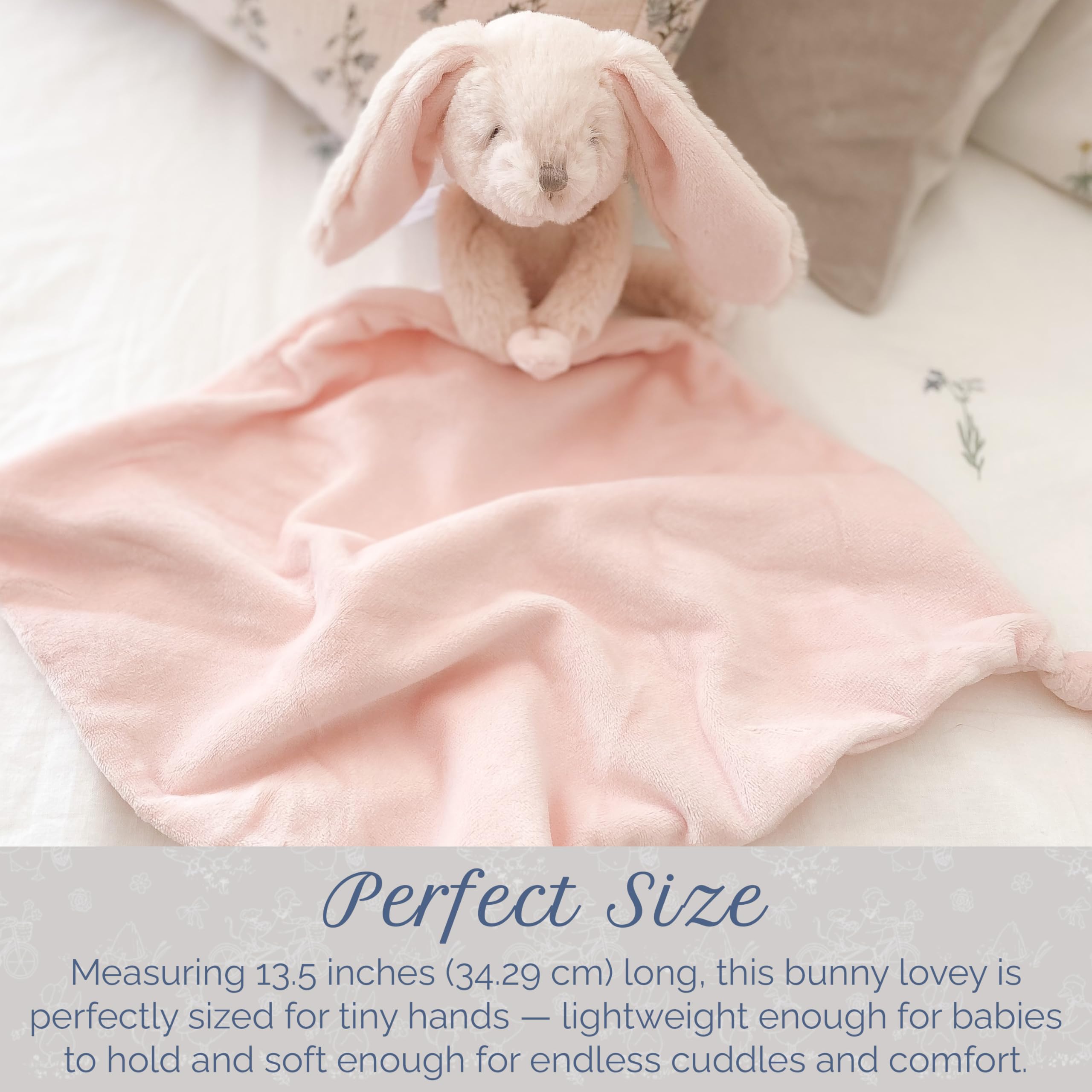 MON AMI Rosie The Bunny plush lovey knotted corners invite tiny hands to grasp.