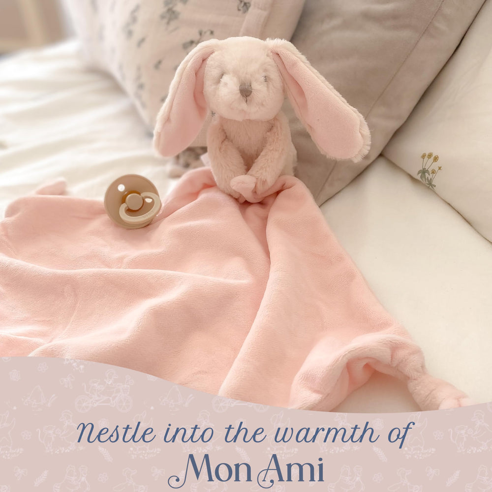 MON AMI Rosie The Bunny uses hypoallergenic fabrics gentle on newborn skin.