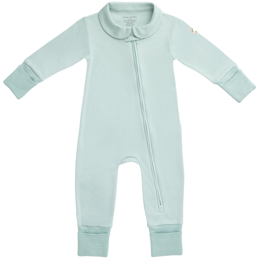 MON CHOU Meadow convertible footie flatlay showing soft organic cotton and design details