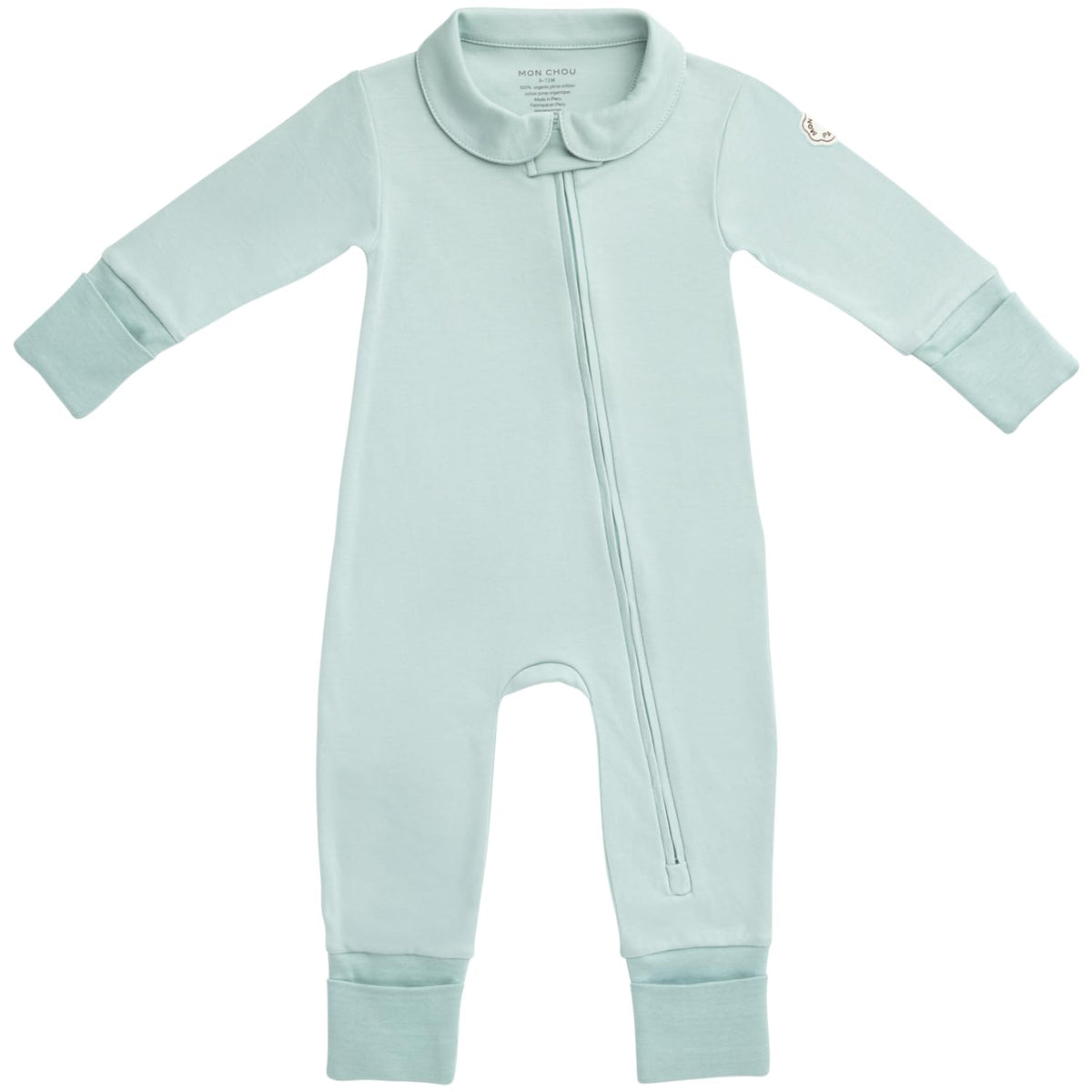MON CHOU Meadow convertible footie flatlay showing soft organic cotton and design details