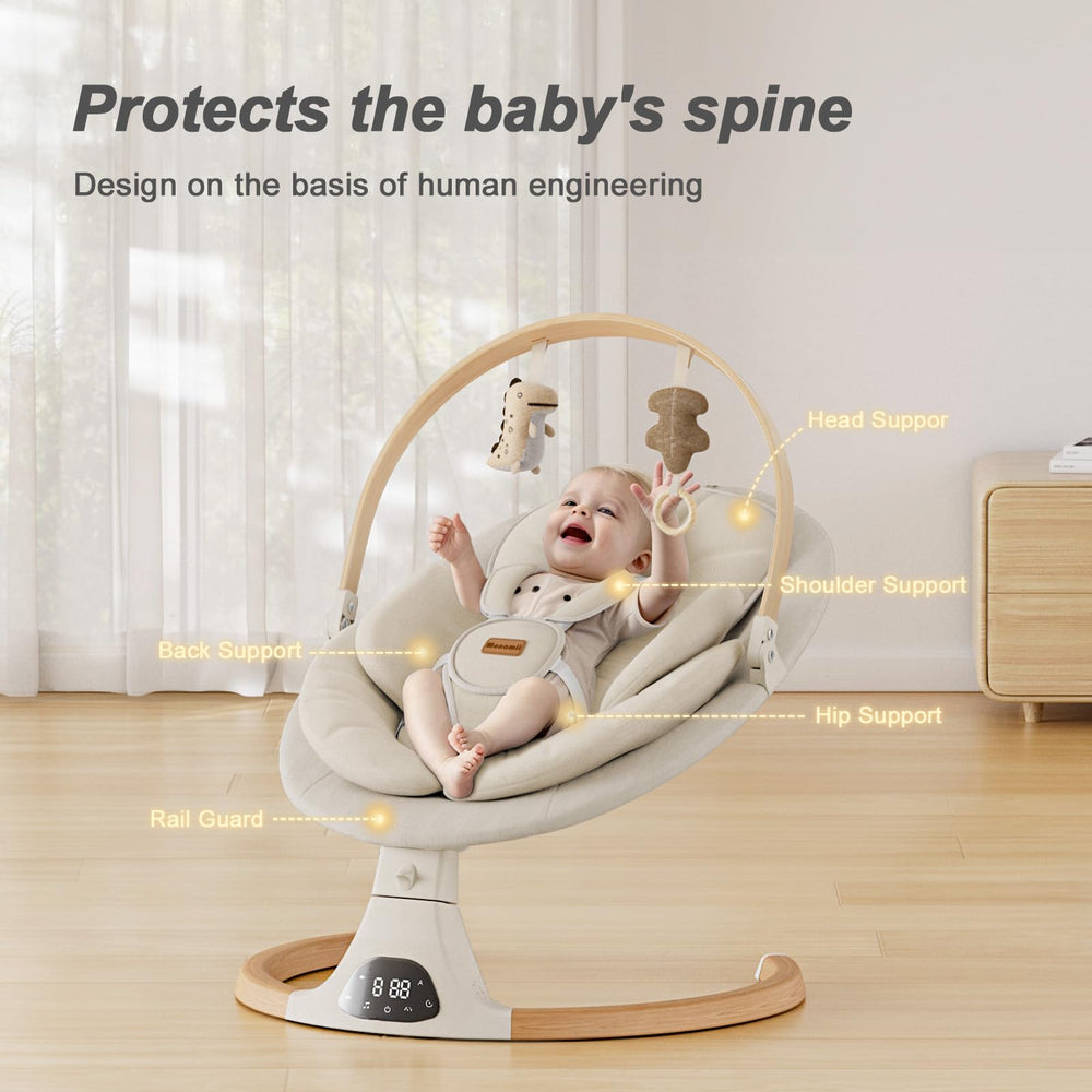 Monamii baby swing with 10 lullabies to ease fussiness.