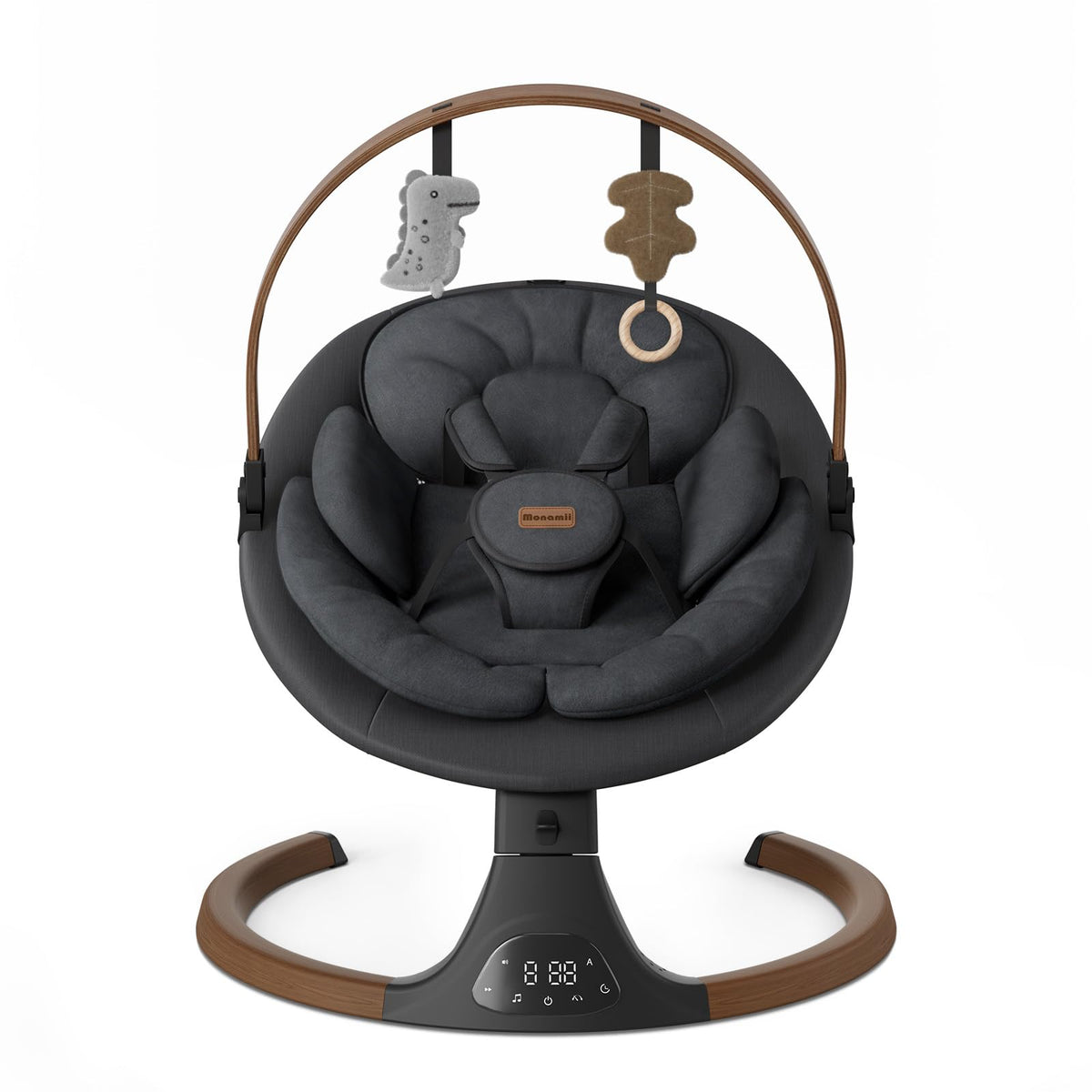 Monamii baby swing with wood grain design for stylish nursery ambiance.