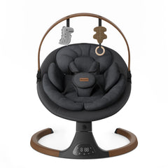 Monamii baby swing with wood grain design for stylish nursery ambiance.