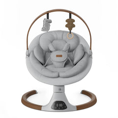 Monamii baby swing with wood grain design delivering stylish calm for infant.