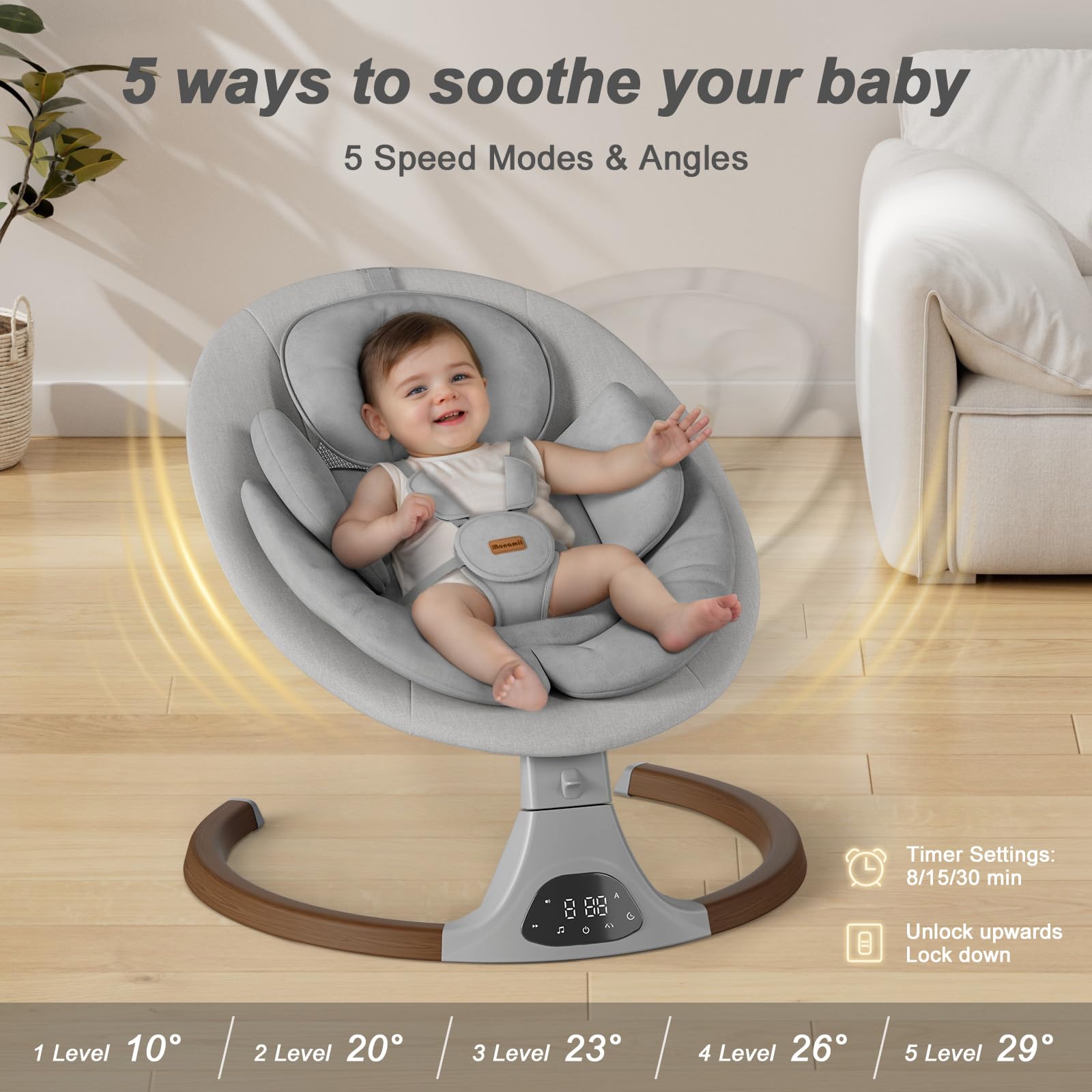 Monamii wood toy bar with two toys for infant engagement.