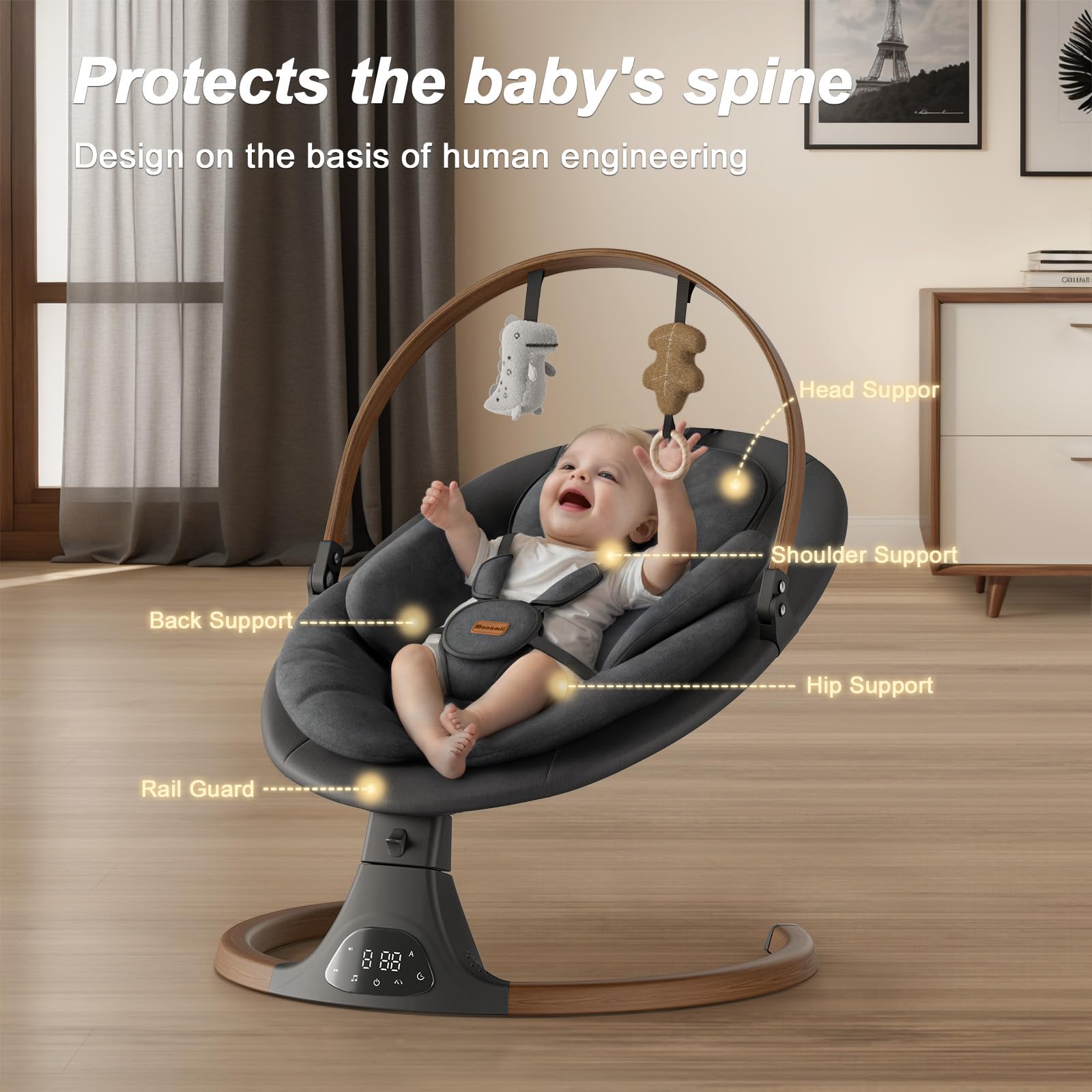 Monamii Bluetooth infant swing with built-in speaker for calming melodies.