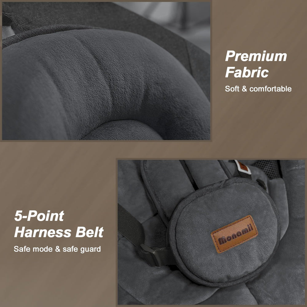 Monamii five-point harness with extra padding for secure comfort.