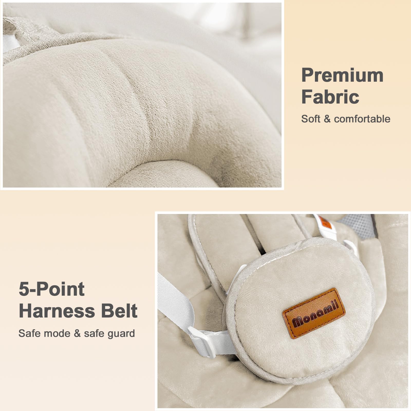 Monamii infant swing with 5-point harness for secure seating.