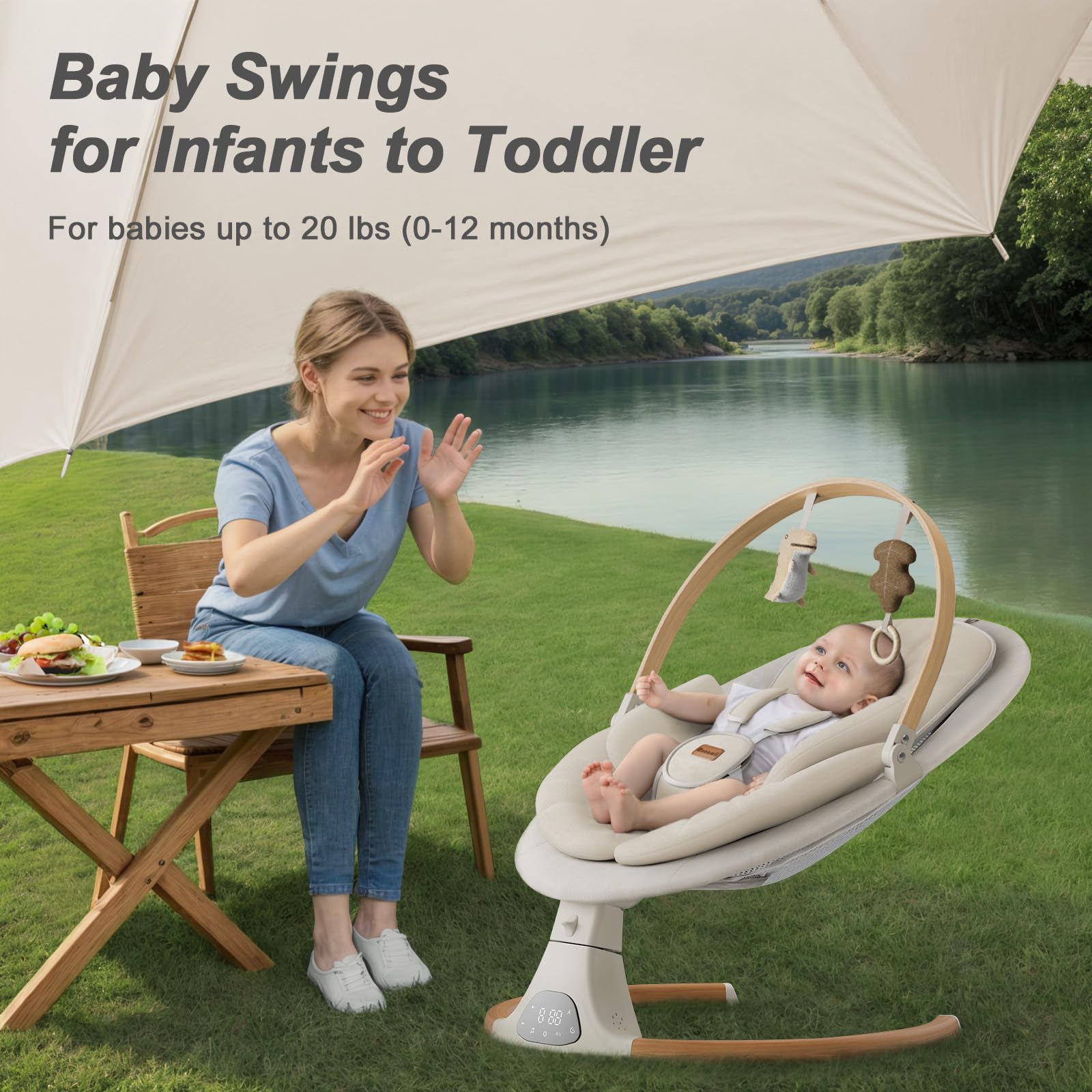 Monamii infant swing showing 5 sway motions for gentle soothing.