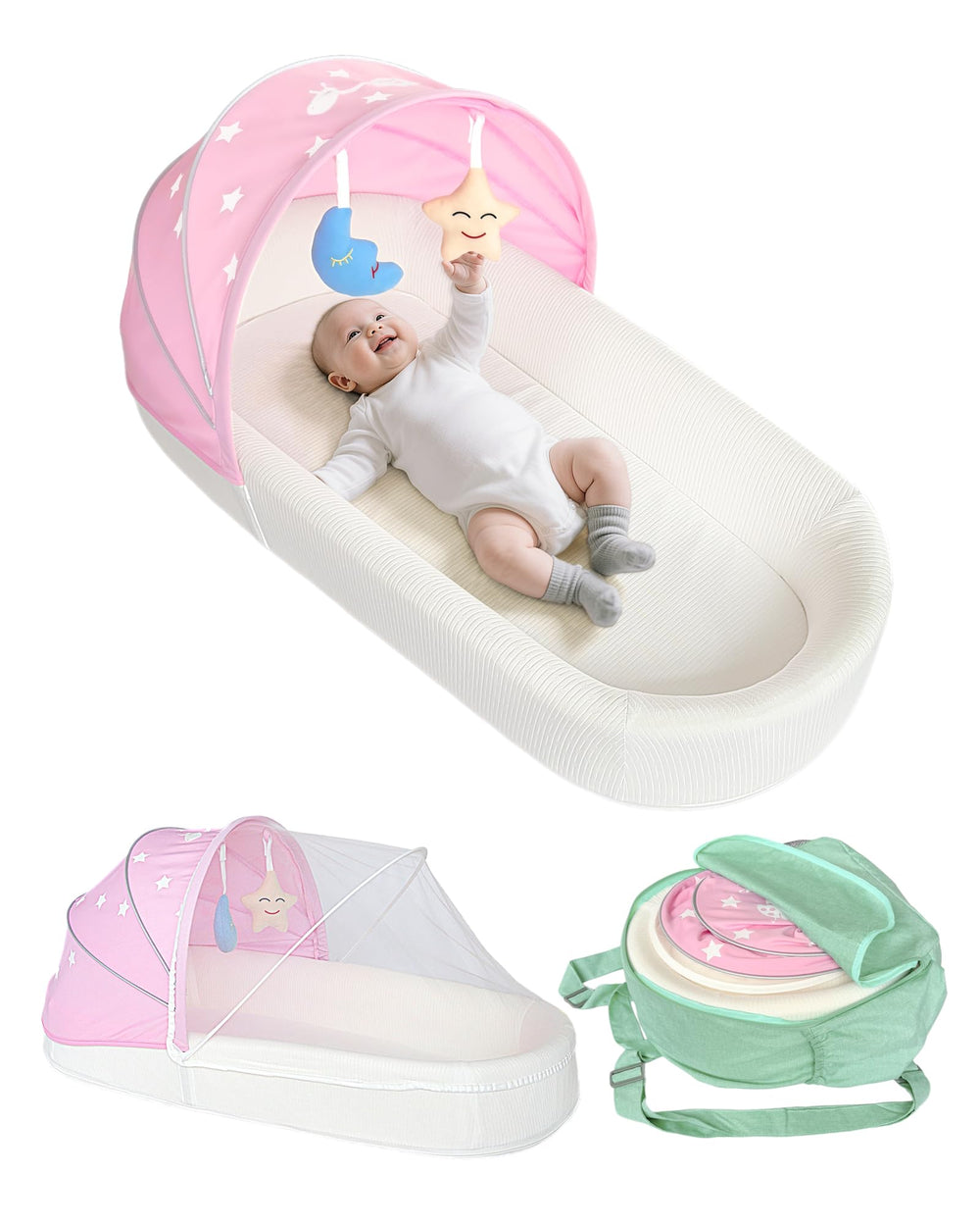 MonGianda Nest Lounger with canopy for calm newborn naps in pink.