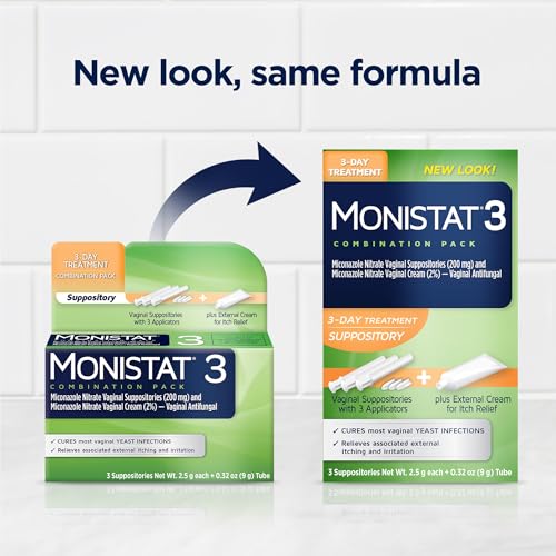 Monistat 3-Day suppositories pack showing three-dose regimen for symptom relief.