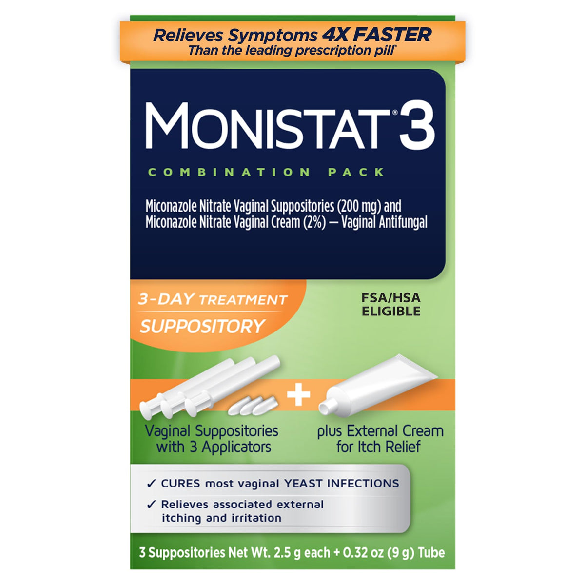 Monistat 3-Day Treatment Pack outer box for convenient at-home relief.