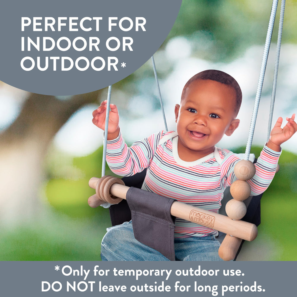 Monkey & Mouse baby swing complements nursery decor with Montessori-inspired natural style.