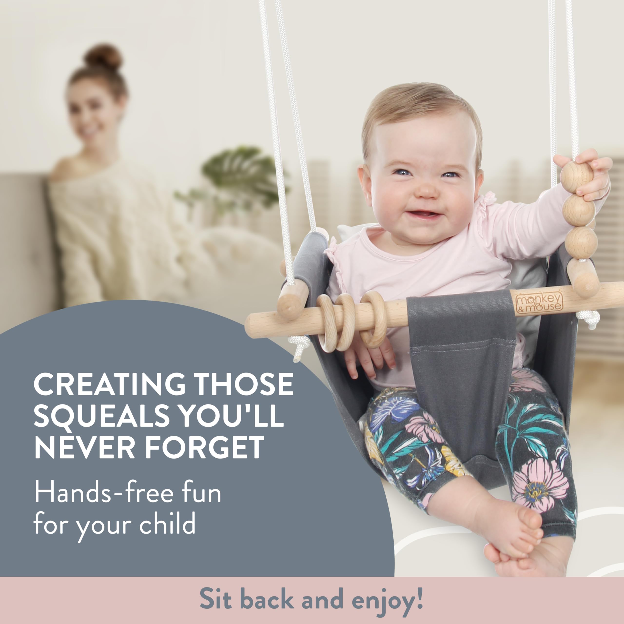 Monkey & Mouse baby swing pale pink color adds soft charm to any room.