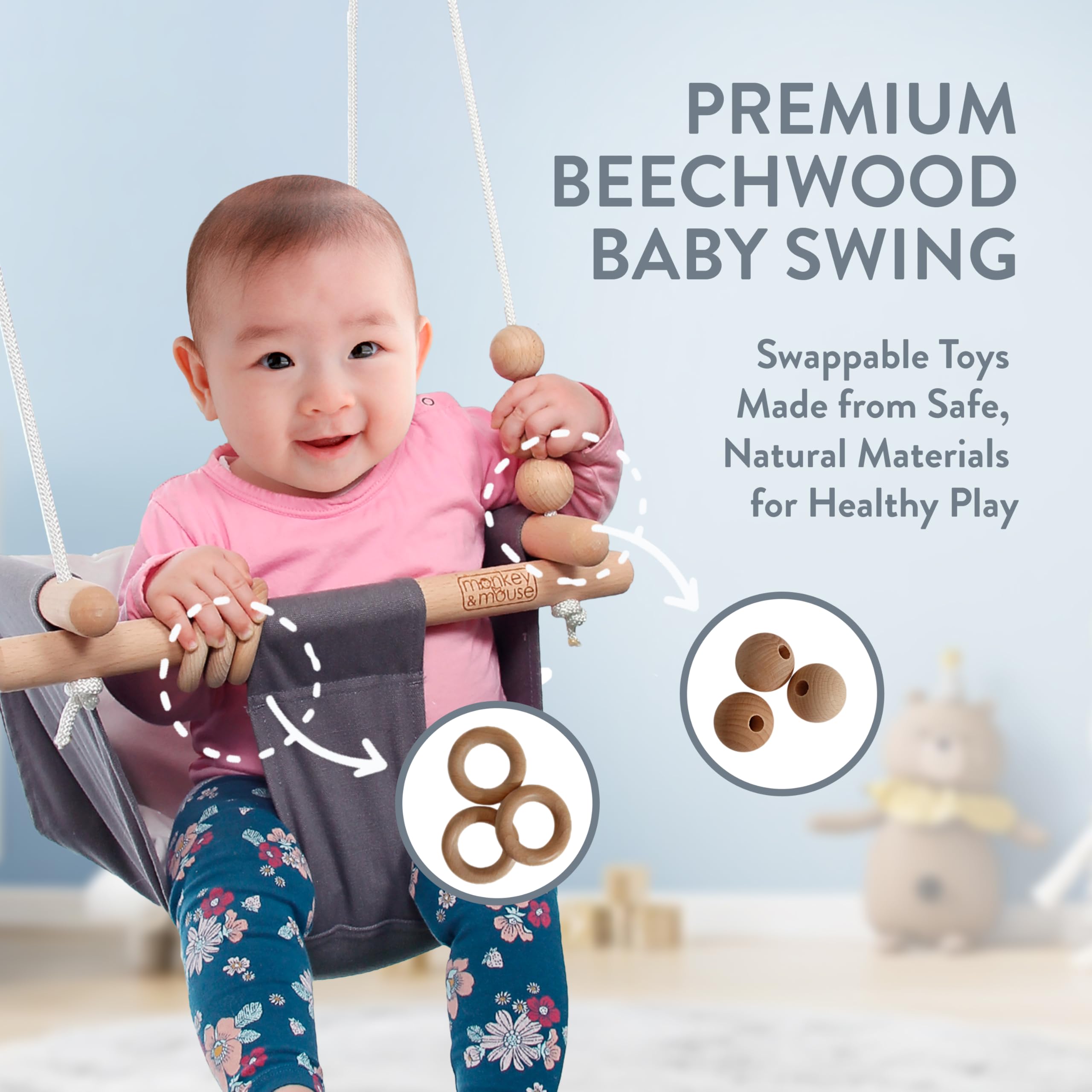 Monkey & Mouse baby swing safety belt keeps the seat secure during play.