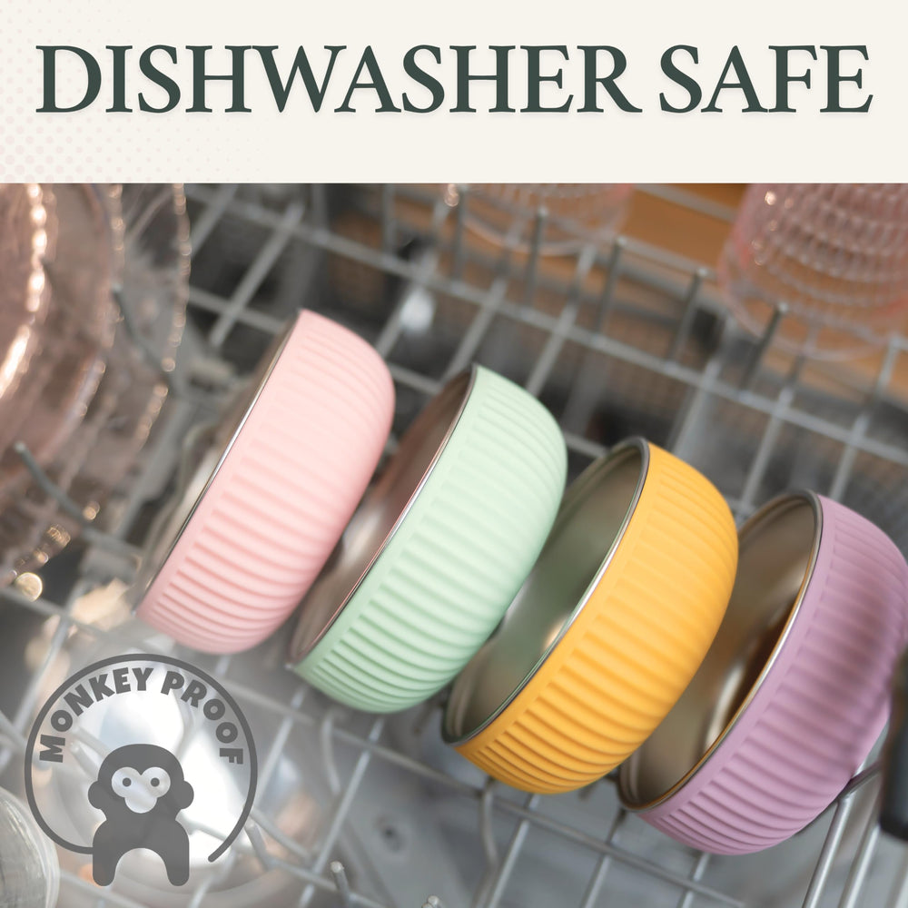 Monkey Proof dishwasher-safe bowls simplify cleanup after busy meals.