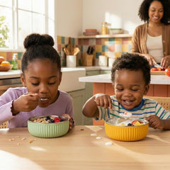 Monkey Proof non-slip silicone shell grips the table for calmer meals.