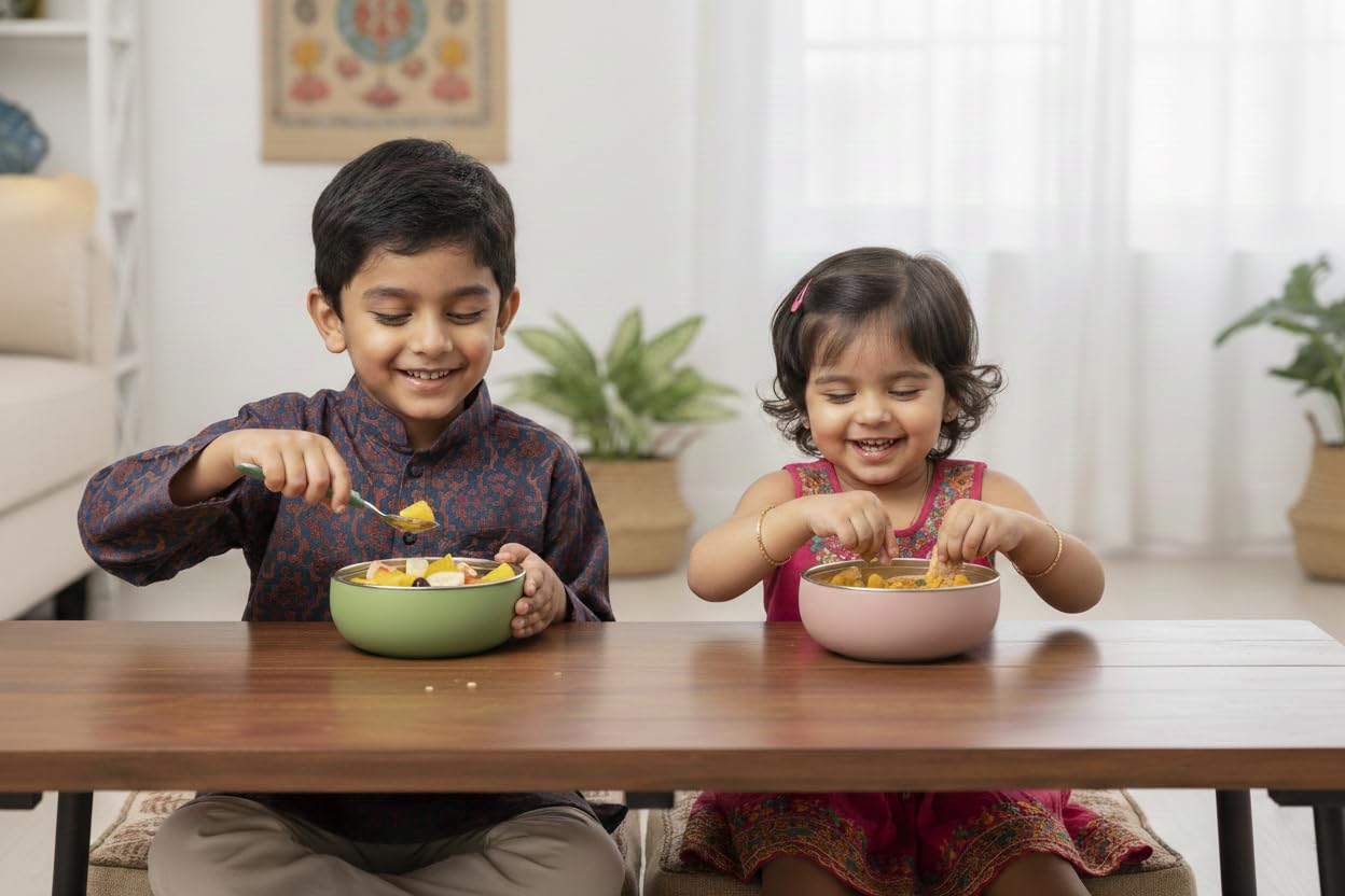 Monkey Proof stainless bowl with silicone shell prevents slips during meals.