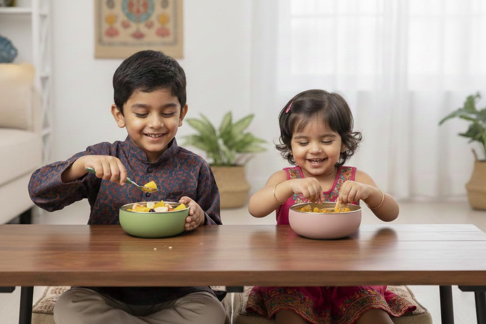 Monkey Proof stainless bowl with silicone shell prevents slips during meals.