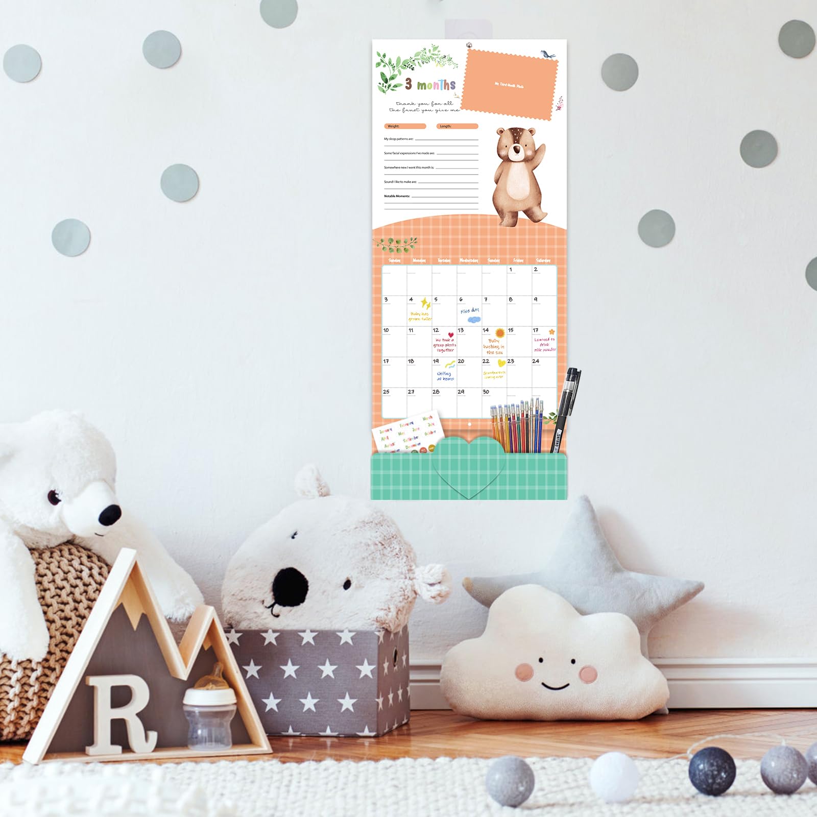 Monking nursery wall calendar decor creates a charming focal point in the room
