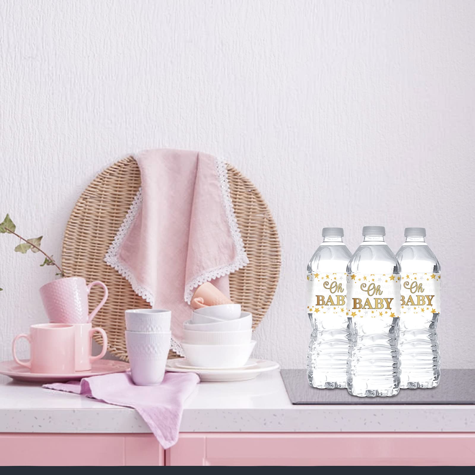 First birthday stickers enhance party decor and beverage consistency.