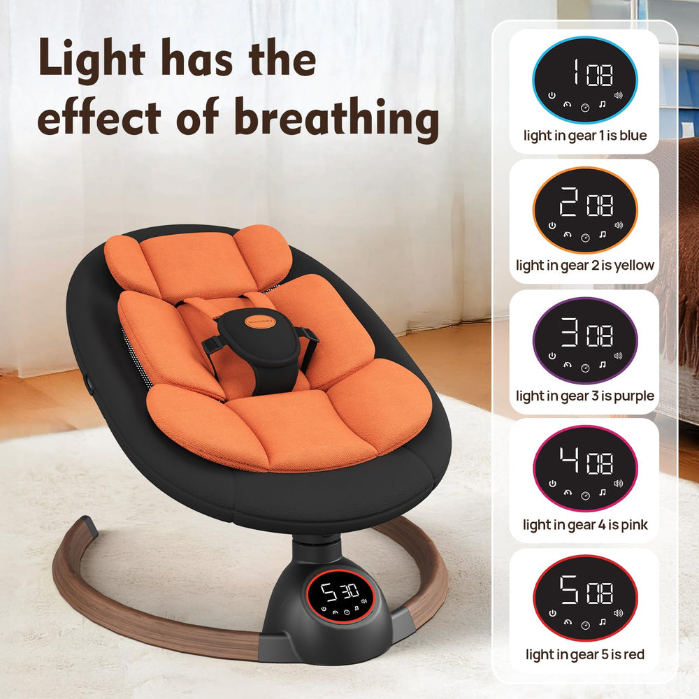 Monniebaby swing offers 5 motions and melodies for comfort.