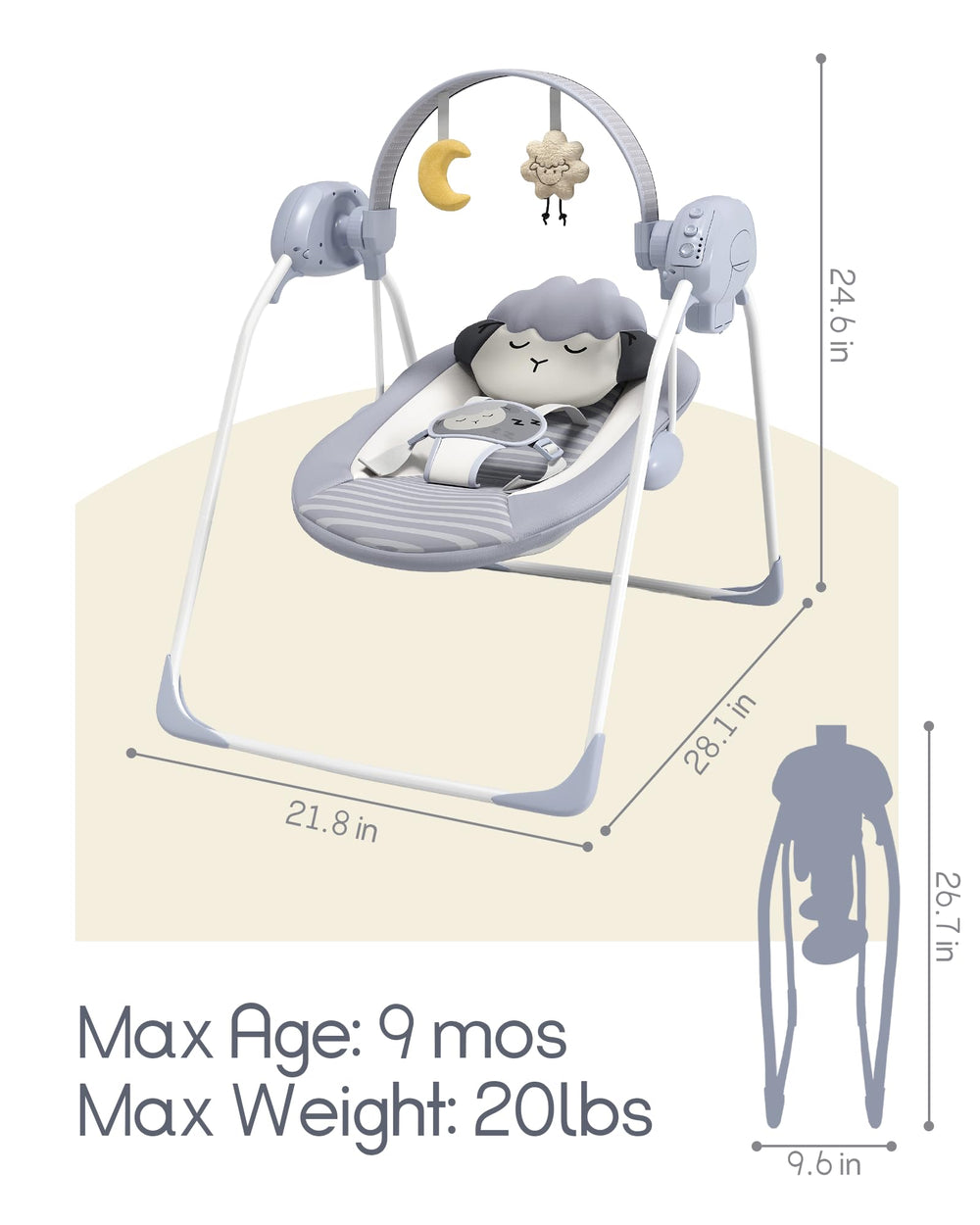 Monniebaby baby swing shows AC adapter and battery option for flexible use.