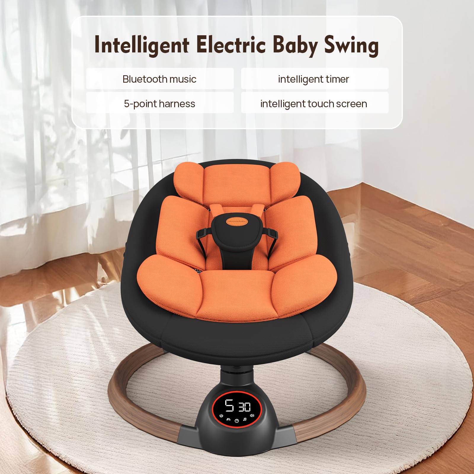 Monniebaby swing featuring ambient lighting for soothing moments.