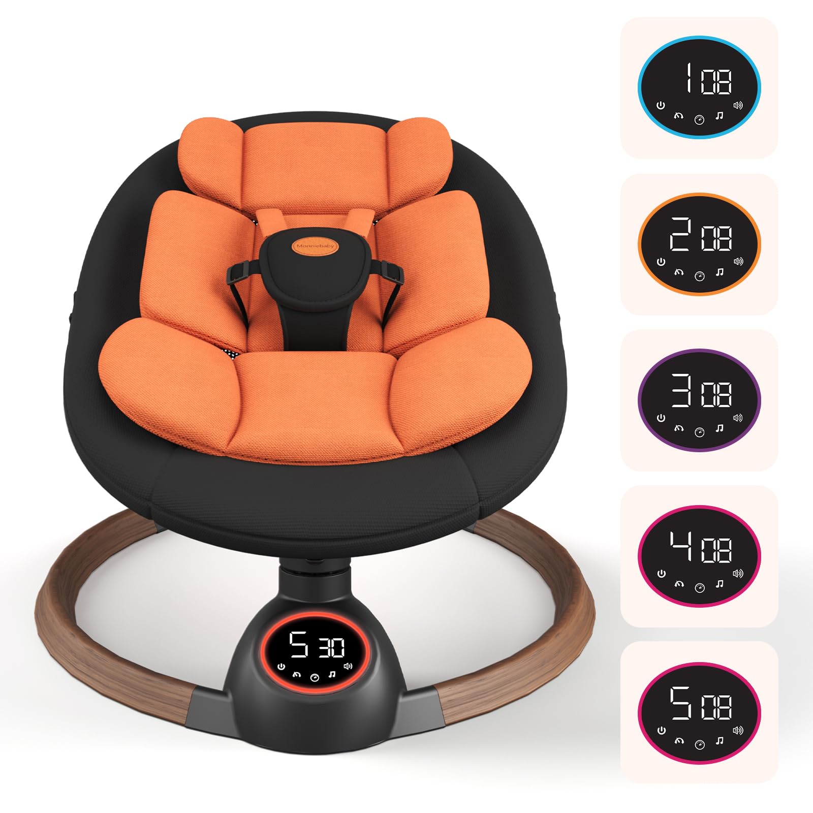 Monniebaby swing with Bluetooth control panel for easy operation.