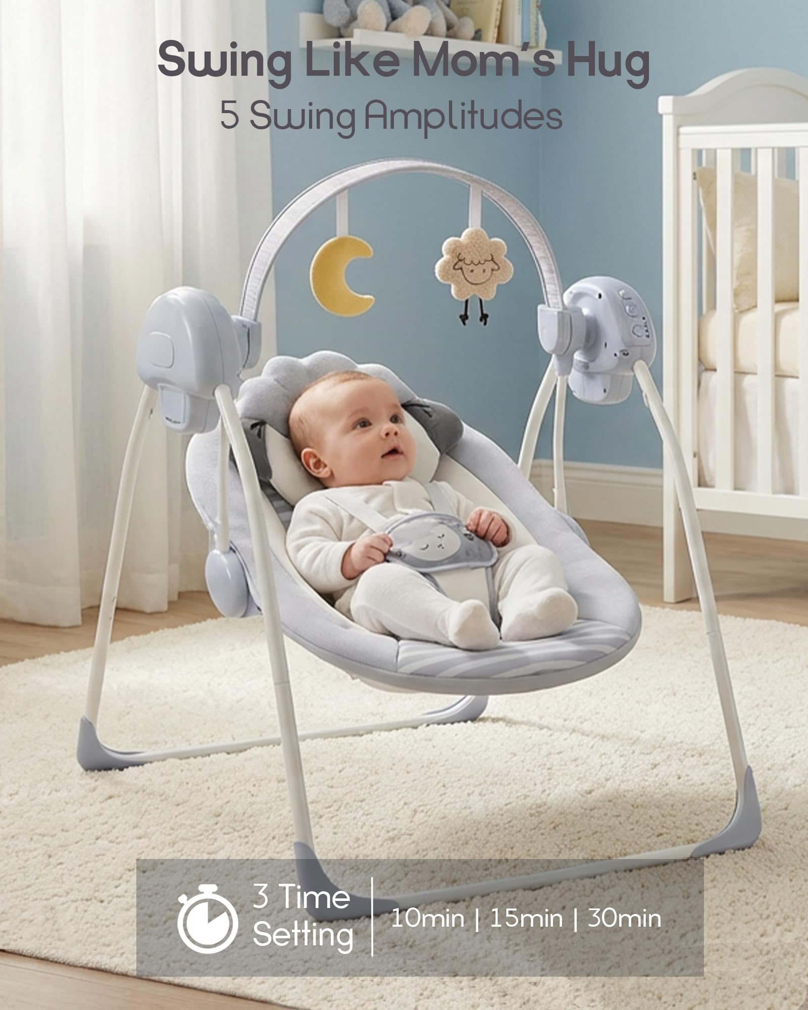 Monniebaby swing provides lullabies and nature sounds to calm baby.