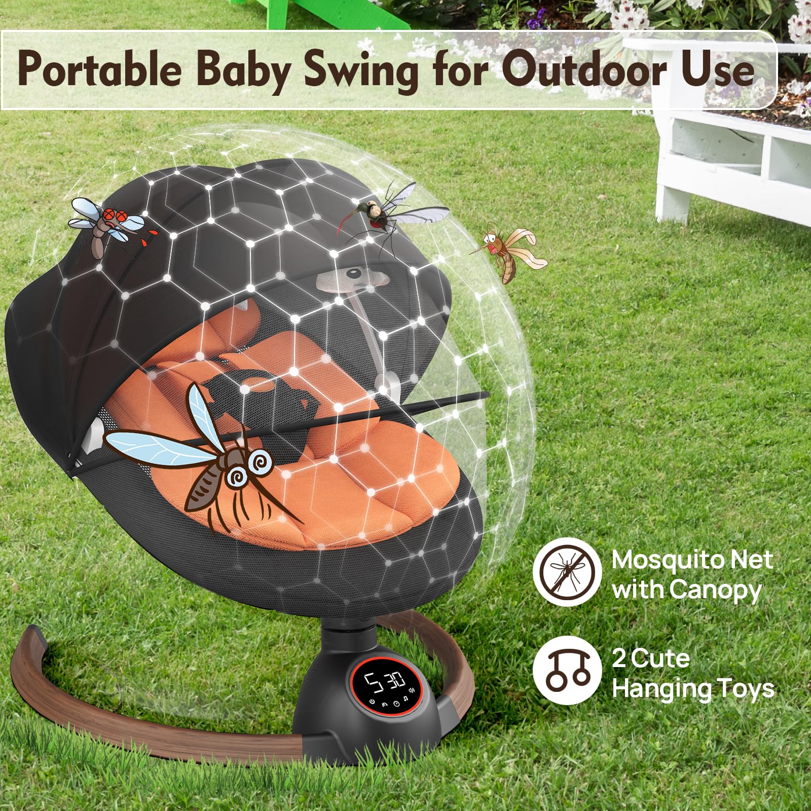 Monniebaby swing plugs in or charges via power bank for convenience.
