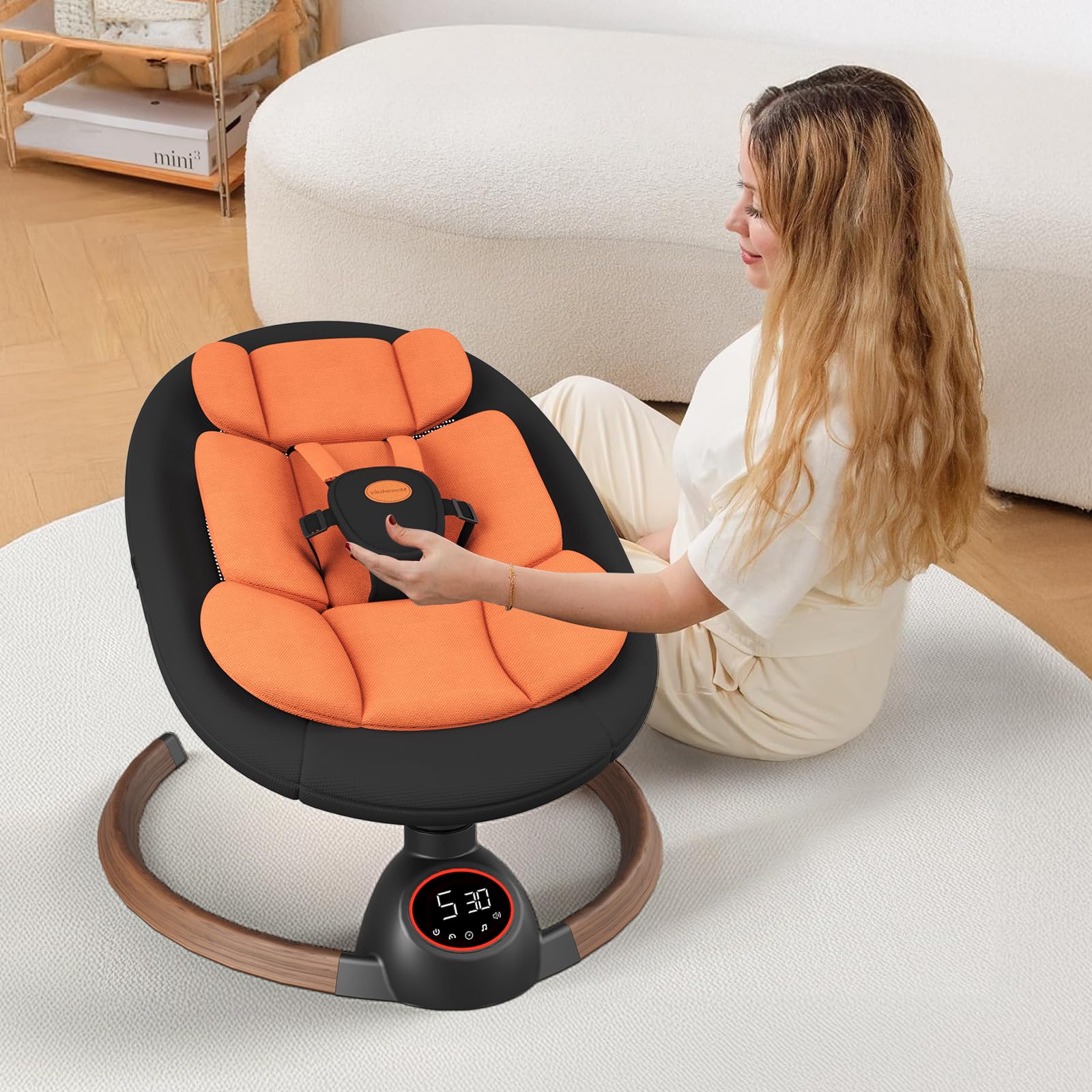 Monniebaby portable swing is compact for travel and storage.